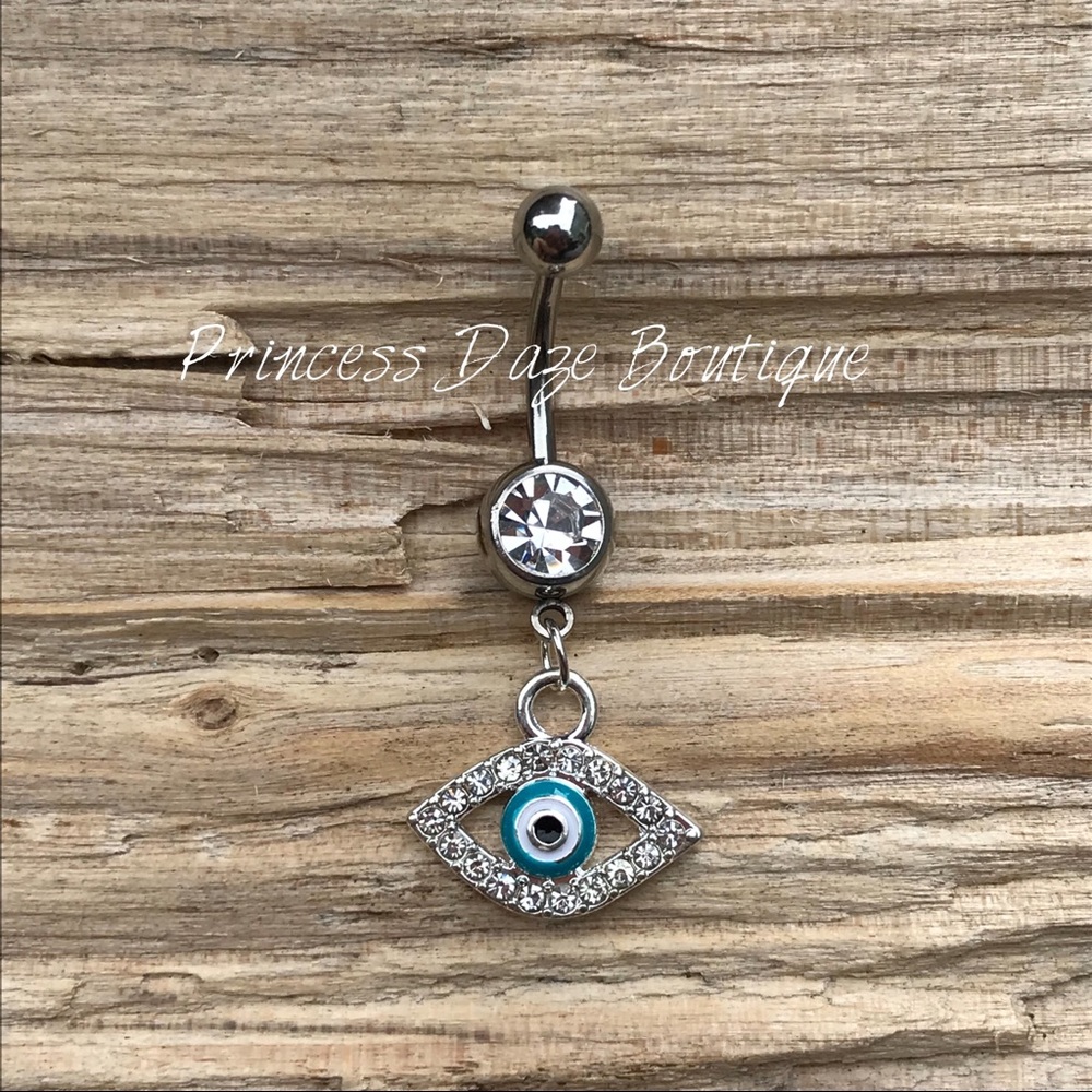 Silver Diamond Evil Eye Belly Button Ring